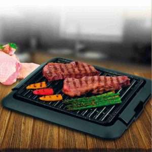 Grill eléctrico sin humos de 1250W con parrilla de aluminio antiadherente - Klack Europe