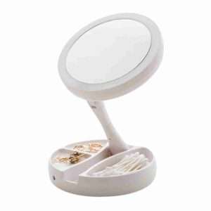 Espejo de maquillaje con luz LED Klack - espejo de tocador con rotación de 90° - plegable - con Base de almacenamiento con 3 compartimentos - Klack Europe