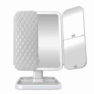 Espejo de Maquillaje Klack con Aumento 1X/2X/3X - LED Recargable con 3 Configuraciones de Luz - Triple Pliegue y Pantalla Táctil con Batería y Cable USB Incluido