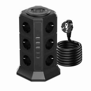 Regleta Klack de Enchufes Vertical con 2 Interruptores y 12 Schuko -  2 USB C y 3 USB A -  4000W/16A -  con Cable de 2 metros - Klack Europe