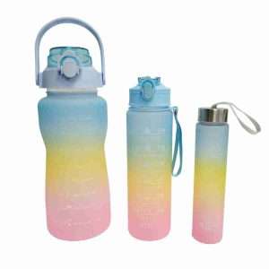 Set de 3 Botellas Klack Arco Iris (2L -  900ml y 300ml) Deportivas a prueba de fugas con soporte para teléfono -  sin BPA -  Motivacionales -  portátiles para camping -  bicicleta -  escuela -  coche - Klack Europe