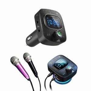 Transmisor FM/Cargador Klack con Bluetooth para coche con Karaoke -  USB -  pantalla digital y carga rápida QC 3.0 (Incluye 2 mini micrófonos) - Klack Europe