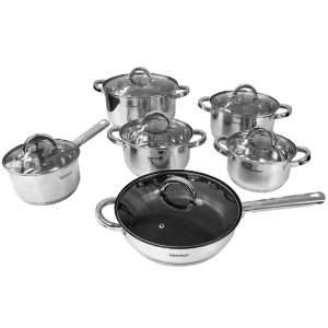Batería de Cocina Klack 12 Piezas de Acero Inoxidable con Sartén Antiadherente, Tapas de Vidrio, Apta para Inducción y Lavavajillas - Klack Europe