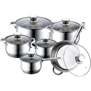 Batería de Cocina Klack EL-12ST de 12 Piezas en Acero Inoxidable con Tapas de Vidrio, Apta para eléctrica, gas, vitrocerámica e inducción - Klack Europe