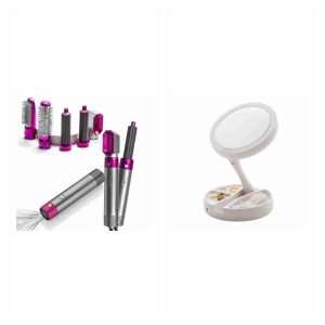 Pack Klack Tocador: moldeador 5 en 1 y espejo LED: 1 × Secador de pelo Moldeador 5 en 1 KLACK® - Voluminizador Ondulacion Alisador; 1 × Espejo de maquillaje con luz LED Klack - espejo de tocador con rotación de 90° - plegable - con Base de almacenamiento con 3 compartimentos