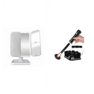 Pack Klack Maquillaje: espejo LED y limpiabrochas: 1 × Espejo de Maquillaje Klack con Aumento 1X/2X/3X - LED Recargable con 3 Configuraciones de Luz - Triple Pliegue y Pantalla Táctil con Batería y Cable USB Incluido; 1 × Kit De Limpieza y Secado Klack Para Brochas De Maquillaje