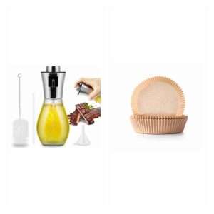 Pack Klack Airfryer: pulverizador de aceite y 50 papeles redondos: 1 × Pulverizador de aceite; 1 × Papel de pergamino Klack para freidora de aire Redondo 50 Unidades 16 x 4.5 cm