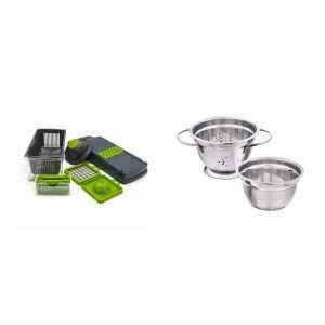 Pack Klack Verduras: multipicador, colador y bol: 1 × Multi Picador de verduras Klack; 1 × Juego de Colador y Bol Klack de Acero Inoxidable de 1.6 Litros