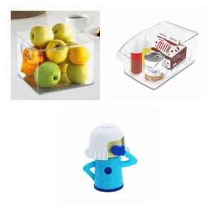 Pack Klack Nevera en Orden: 2 organizadores y desodorizante: 1 × Organizador de Frigorífico de 20.5×20.5×15.3cm; 1 × Organizador de Frigorífico de 37×13.6x11cm; 1 × Desodorizante para neveras Klack - elimina olores de forma fácil y rápida