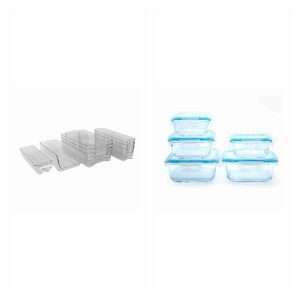 Pack Klack Despensa y Nevera: 8 organizadores y 5 recipientes: 1 × Set de Organizadores Klack – 8 Piezas de Plástico Transparente | Para Nevera, Cocina, Baño y Hogar | Apilables y Libre de BPA; 1 × Set de Recipientes Herméticos Klack – 5 Piezas de Cristal Borosilicato | Apto para Horno, Microondas y Congelador | Libre de BPA