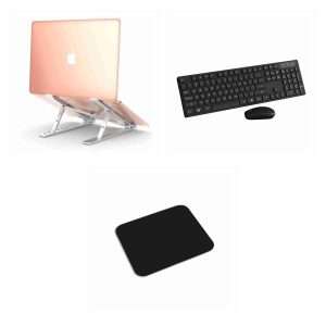 Pack Klack Oficina: soporte de portátil, teclado, ratón y alfombrilla: 1 × Soporte Ajustable para ordenador Portatil ó Tablet - Atril de aluminio - refrigerante; 1 × Teclado y Ratón Klack K10C de tamaño completo de 104 teclas en Español (Incluye Ñ), compatible con PC, tablet y portátil; 1 × Alfombrilla Klack: Comodidad y Estabilidad para Tu Escritorio - Negro