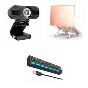 Pack Klack Videollamadas: webcam, soporte y hub USB: 1 × Webcam Cámara Web 1080p Con Micrófono Portátil; 1 × Soporte Ajustable para ordenador Portatil ó Tablet - Atril de aluminio - refrigerante; 1 × HUB Multipuerto USB 7 Puertos Adaptador Concentrador USB 2.0 KLACK