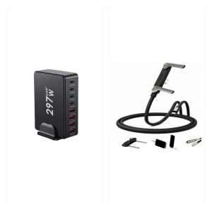 Pack Klack Carga de Sobremesa: estación 297W y 2 cables USB-C: 1 × Estación de Carga Rápida Klack GaN 297W 8 en 1 con 4 USB-C y 4 USB-A | PD 100W, 65W, 30W y QC 18W | Cargador de Sobremesa Multipuerto; 2 × Cable USB-C a USB-C 2 en 1 Klack 240W con soporte invisible integrado, adaptador desmontable y carga rápida PD