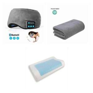 Pack Klack Descanso: antifaz Bluetooth, manta y almohada viscoelástica: 1 × Antifaz para descansar Klack con auriculares bluetooth integrados; 1 × Manta Polar Klack 120x150 cm: Comodidad y Elegancia en Gris; 1 × Almohada Viscolástica Klack con Gel Refrescante y Efecto Memoria