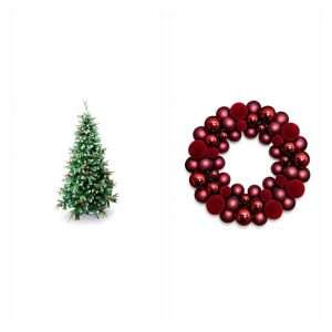 Pack Navidad Klack: árbol nevado decorado de 120 cm y corona roja: 1 × Árbol de Navidad Artificial Decorado con Efecto Nevado, Piñas y Bayas – Árbol Navideño Frondoso con Base - 120 cm; 1 × Corona de Navidad Decorativa con Bolas – Guirnalda Navideña para Puerta, Pared y Ventana de 47 cm