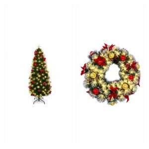 Pack Navidad Klack Iluminado: árbol de 120 cm y corona LED: 1 × Árbol de Navidad Decorado con Luz Integrada de Fibra Óptica – Árbol Navideño Artificial con Iluminación y Base Estable - 120 cm; 1 × Corona de Navidad con Luces LED Cálidas, Bolas y Flores Decorativas – Corona Navideña para Interior de 60 cm